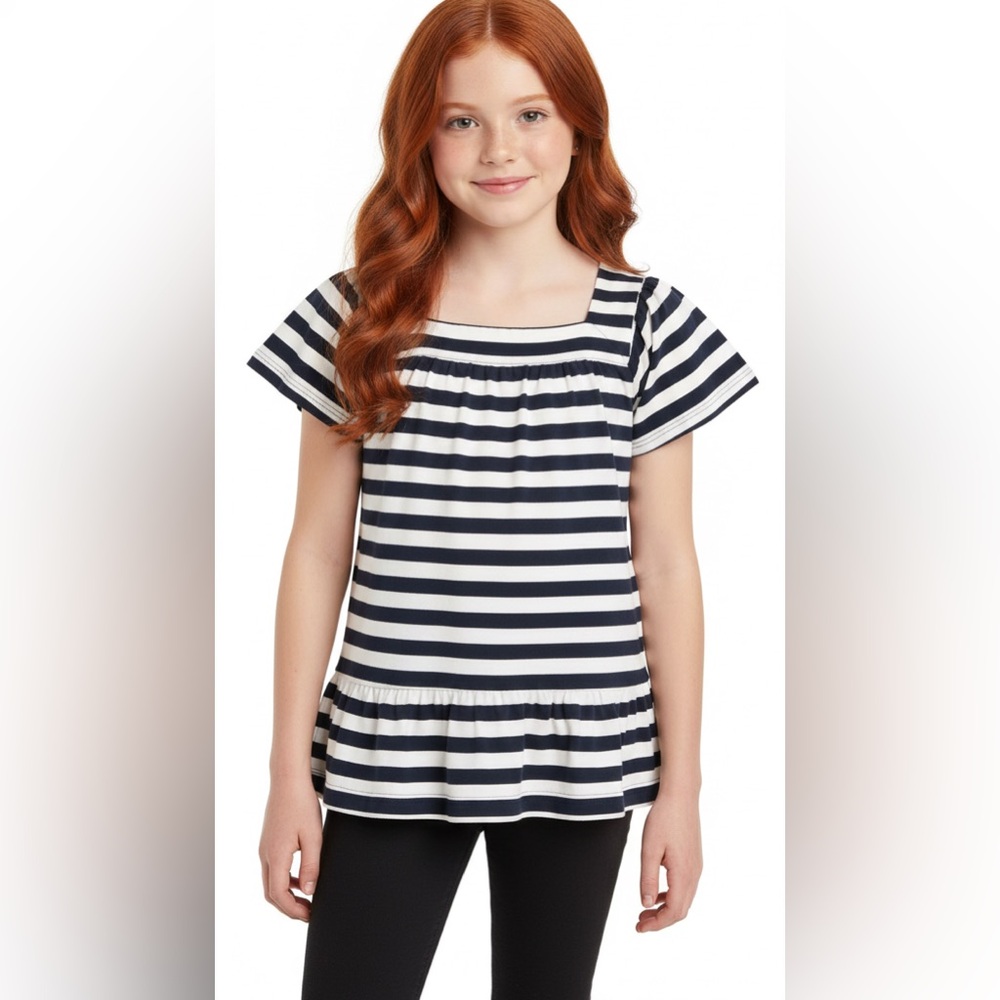 J.Crew Crewcuts Girls Blue Striped Peplum Short Sleeve Top XL 14